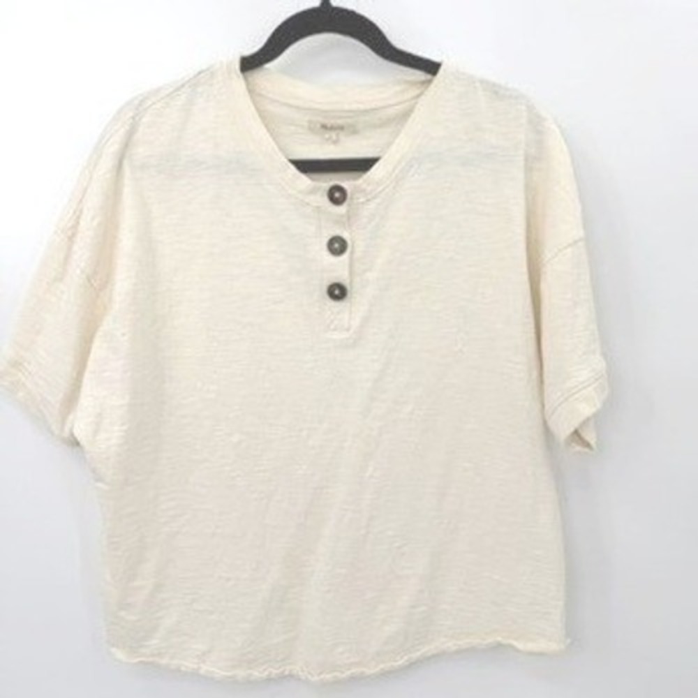 Madewell Henley Top Womens L Cream Short Sleeve Slub Cotton Casual Coastal Boho